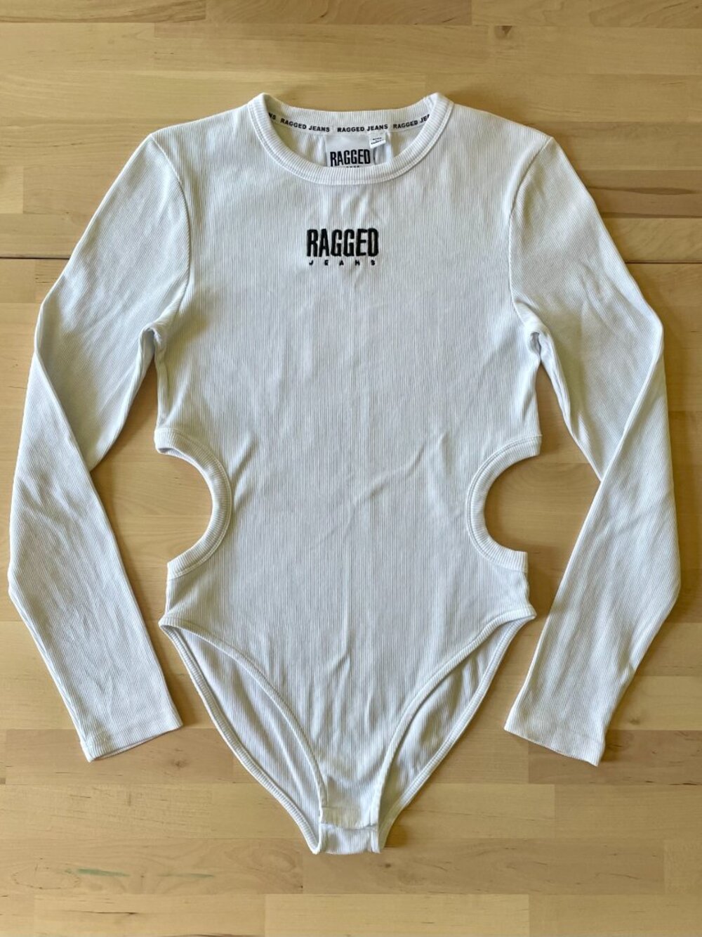 The Ragged Priest Women's White Ribbed Long Sleeve Bodysuit Waist Holes size Med